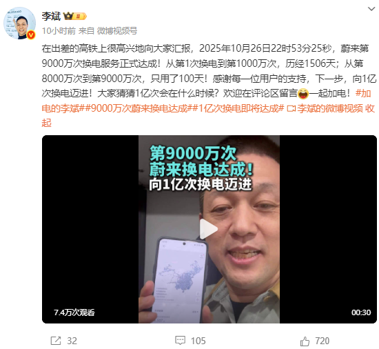蔚來換電達(dá)成9000萬次,李斌:感謝每一位用戶的支持
